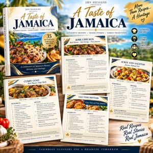 Könnte beinhalten: Ein Kochbuch mit dem Titel A Taste of Jamaica mit 35 authentischen Rezepten, Inselgeschichten und Familientraditionen. Das Cover zeigt einen Teller mit Jerk Chicken und Reis, während die Innenseiten Rezepte für Jerk Chicken, Curry-Ziegenfleisch, Stockfisch-Krapfen sowie Ackee und Stockfisch mit Zutaten und Zubereitungsmethoden enthalten.