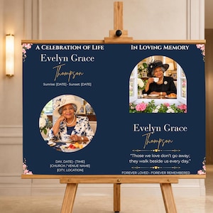 Peut inclure: Un panneau commémoratif funéraire bleu marine sur un chevalet en bois avec le texte A Celebration of Life et In Loving Memory, deux photos d'une personne portant un chapeau, le nom Evelyn Grace Thompson, des dates et la citation Those we love.