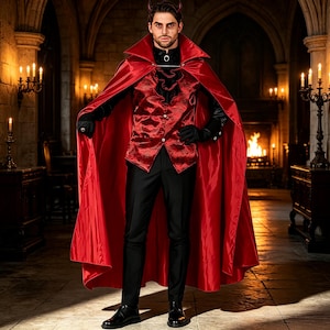 Men's Red Devil Vampire Costume Cape Set, Satan Horns Cosplay, Medieval Noble Cloak, Party Fancy Dress for Adult Men