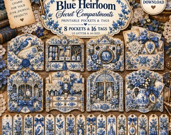 Blauwe geheime vakjes voor erfgoedthema's, vintage opbergvakken voor junk journals (digitale download)