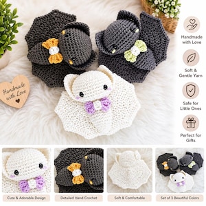 May include: Three crocheted bat plushies featuring dark gray and white yarn bodies. Each bat has black eyes, pink cheeks, and a small bow tie in orange, light green, or purple. The set includes text labels like Handmade with Love and Soft & Gentle Yarn.