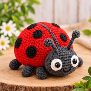 May include: A handcrafted crochet ladybug toy featuring a bright red rounded body with black circular spots, a dark gray head with two antennae, and large white eye patches surrounding black plastic safety eyes, all worked in yarn.