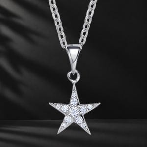 May include: A silver-toned necklace featuring a star-shaped pendant. The pendant is encrusted with small, clear, sparkling stones arranged in a cluster across the star's surface. It hangs from a delicate silver-toned chain link necklace.