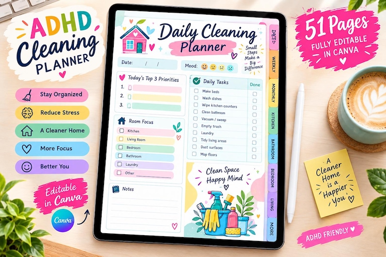 ADHD Cleaning Planner Bundle | Editable Canva Templates, Checklists ...