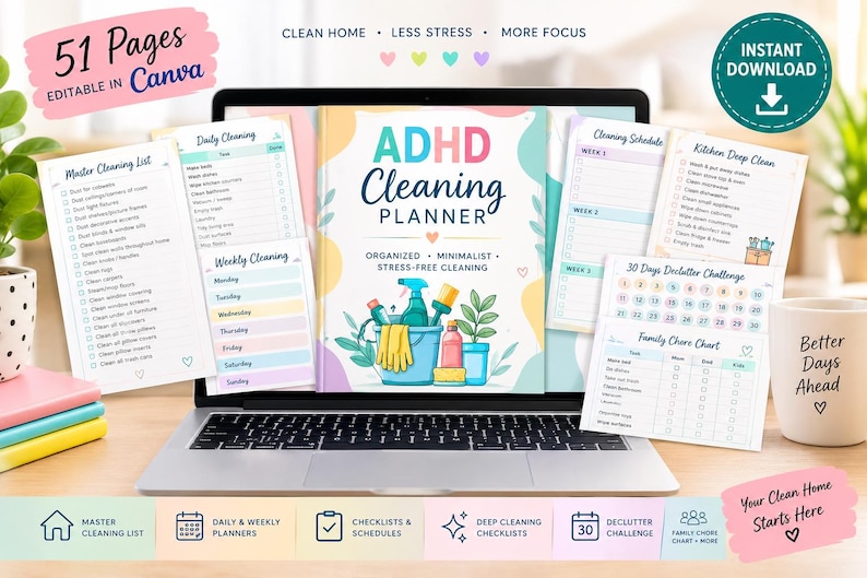 ADHD Cleaning Planner Bundle | Editable Canva Templates, Checklists ...