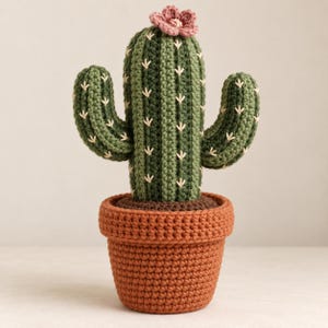 Puede incluir: Un cactus de ganchillo en una maceta de color terracota. El cactus es de color verde oscuro con dos brazos laterales y puntadas de bordado en forma de V de color claro que representan espinas. Una pequeña flor rosa de ganchillo corona el cactus.