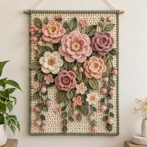 May include: A rectangular crochet wall hanging featuring a cream-coloured grid background with three-dimensional floral appliqués in shades of pink, mauve, and white, accented by green crocheted leaves and small buds, suspended from a wooden dowel.