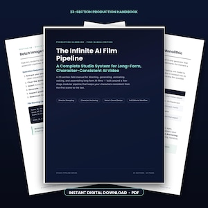 May include: A 23-section production handbook titled The Infinite AI Film Pipeline, featuring a dark blue cover with white text. The manual outlines a studio system for long-form AI video, including sections on director prompting and character anchoring.
