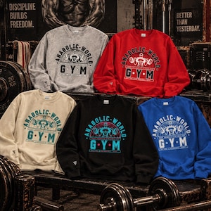 Può includere: Cinque felpe a maniche lunghe con girocollo in grigio, rosso, beige, nero e blu. Ognuna presenta una stampa grafica di un culturista che solleva pesi all'interno di un globo con il testo ANABOLIC-WORLD GYM e le città New York, Los Angeles, Miami.