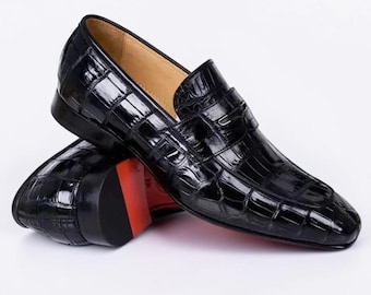 Christian Louboutin Men's Black Crocodile Embossed Loafers, Red Sole Dress Shoes