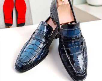 Men's Blue Crocodile Print Leather Loafers, Handmade Slip-On Dress Shoes with Red Sole