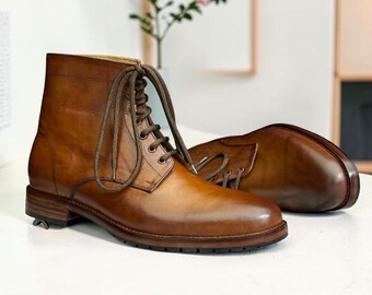 Men's Genuine Leather Ankle Boots, Brown Lace-Up Dress Boots, Handmade Formal Shoes