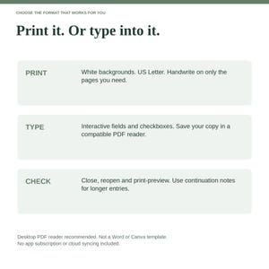 May include: An informational graphic with the heading Choose the format that works for you and Print it. Or type into it. It lists three options: Print with white backgrounds for US Letter, Type with interactive fields, and Check to save copies.