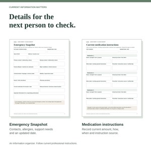 May include: A white information organizer document featuring the text Current Information Matters and Details for the next person to check. It includes two forms titled Emergency Snapshot and Current medication instructions with blank fields for data.