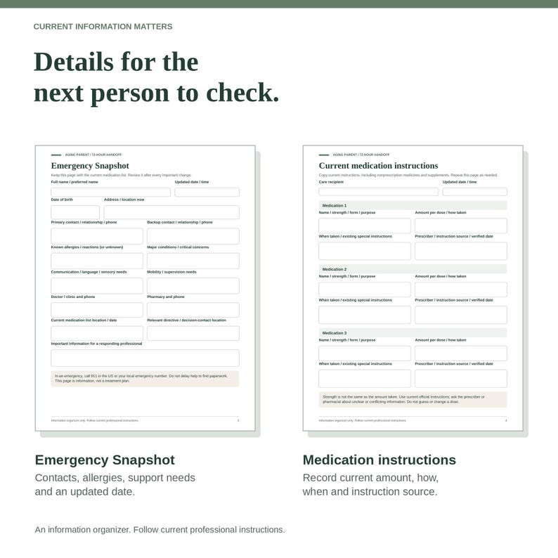 May include: A white information organizer document featuring the text Current Information Matters and Details for the next person to check. It includes two forms titled Emergency Snapshot and Current medication instructions with blank fields for data.