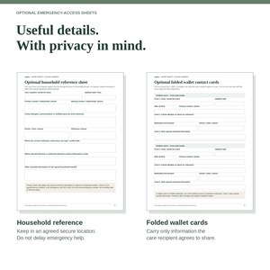 May include: A set of printable emergency-access sheets featuring an Optional household reference sheet and Optional folded wallet contact cards. The documents include blank fields for contact information, medical alerts, and medication locations.