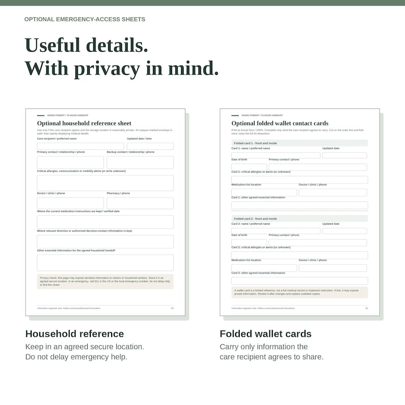 May include: A set of printable emergency-access sheets featuring an Optional household reference sheet and Optional folded wallet contact cards. The documents include blank fields for contact information, medical alerts, and medication locations.