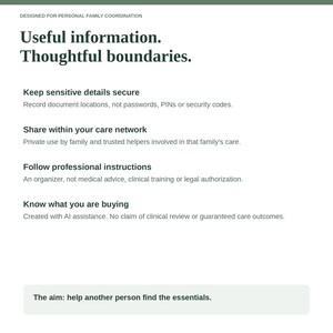 May include: A white informational document with dark green text titled Useful information. Thoughtful boundaries. It lists guidelines for personal family coordination, including security, care network sharing, professional instructions, and AI assistance.