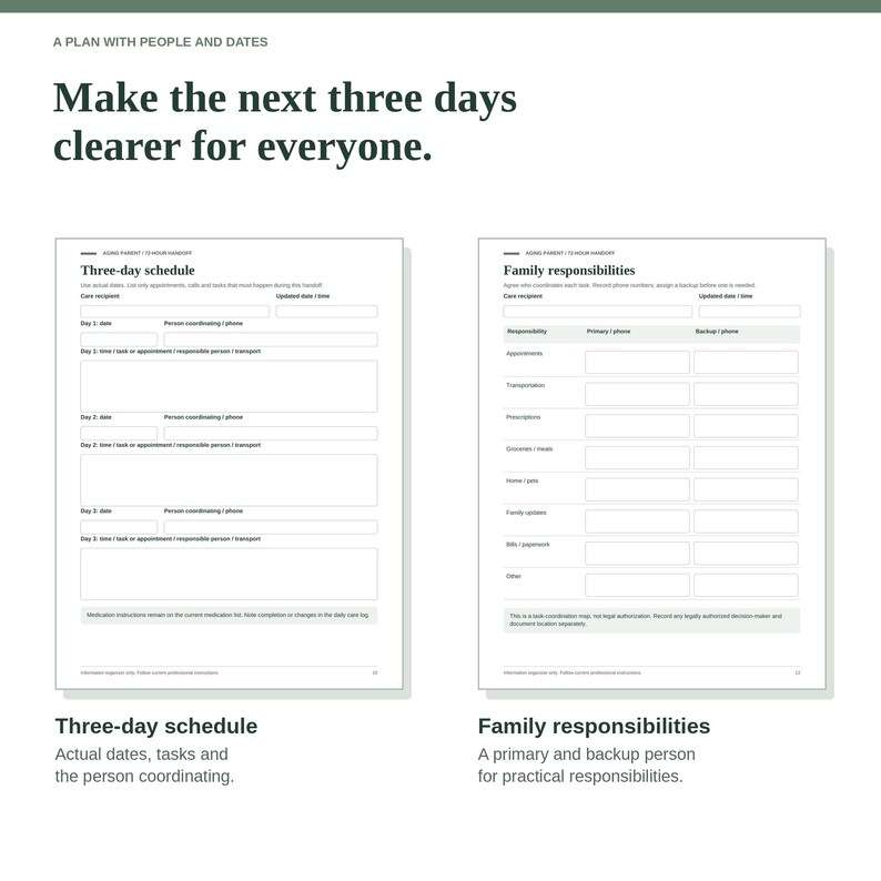 May include: A white document titled A PLAN WITH PEOPLE AND DATES featuring the text Make the next three days clearer for everyone. It includes two forms: a Three-day schedule for tasks and appointments, and a Family responsibilities chart.
