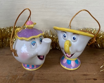 Vintage Schmid Beauty And The Beast Ceramic Ornaments, Mrs. Potts And Chip, by the The Walt Disney Company, made in Sri Lanka