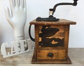 Antique Wood Coffee Grinder With Shannon Clip Cast Iron Works, Dove Tail Joinery, Farmhouse Kitchen
