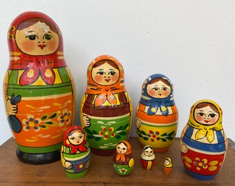 Vintage Matryoshka Dolls, Russian Wooden Nesting Dolls, Wood Peasant Girls Set Of 8, Chip On Biggest Girl