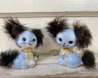 Kitschy Enesco Gray Ceramic Kittens With Fur, Fluffy And Freddie Furry Kittens, Cat Figurines Gray Cats With Black Fur On Ears And Tail