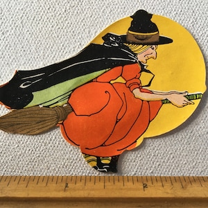 Halloween Flying Witch Sticker, ONE Vintage Gummed Seal, Full Yellow Moon And Flying Witch,  Gold Embellished, 3&quot;x2.25&quot;