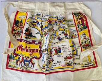 Vintage Souvenir Apron, Michigan State Map , Local Landmarks And Towns, Great Graphics, Retro, Looks Unused One Small Spot