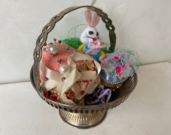 Vintage Silver Plated Small Basket, Easter Decor, Shabby Finish, Moveable Handle, Tea Party, Centerpiece, Props Not Included