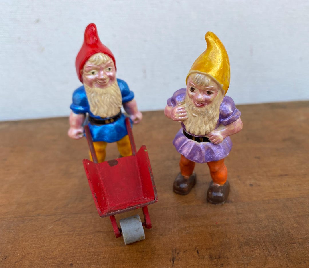 Vintage Gardening Gnome Figurines, Miniature, Set of 2, Hand Painted ...