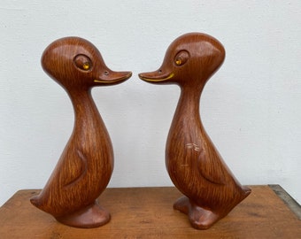 Mid Century Modern Duck Figures Faux Wood With Amber Rhinestone Eyes, Plastic Kitschy Ducks By Capri, Made in British Hong Kong, Set Of two