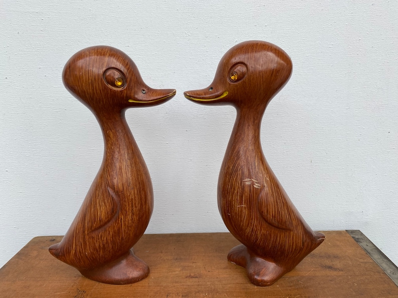 Mid Century Modern Duck Figures Faux Wood With Amber Rhinestone Eyes, Plastic Kitschy Ducks By Capri, Made in British Hong Kong, Set Of two image 1