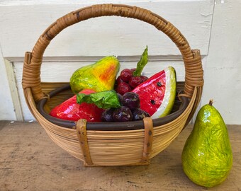 Gathering Basket With Fruit, Hand Made Fruit, Vintage, Centerpiece, Wicker Basket With Paper Mache Fruit