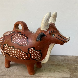 Vintage Folk Art Bull Bank, 80's Guatemalan Street Art, Ranch Farmhouse Art, Stylized Pottery, Cattle, Bovine Art, Primitive image 1