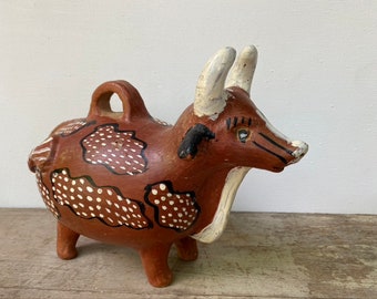 Vintage Folk Art Bull Bank, 80's Guatemalan Street Art, Ranch Farmhouse Art, Stylized Pottery, Cattle, Bovine Art, Primitive