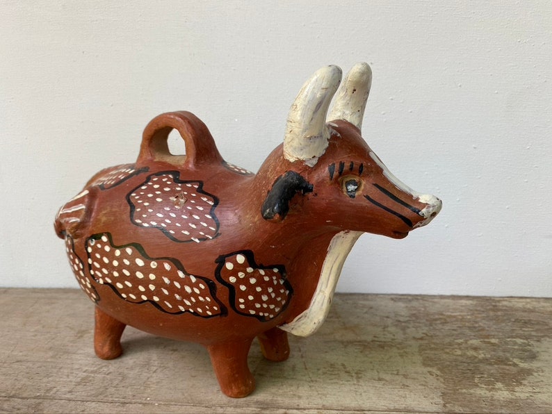 Vintage Folk Art Bull Bank, 80's Guatemalan Street Art, Ranch Farmhouse Art, Stylized Pottery, Cattle, Bovine Art, Primitive image 1