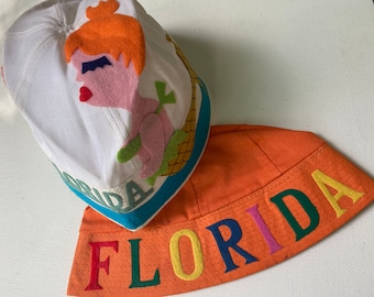 Vintage Florida Children's Bucket Hats, Mermaid Hat, Florida Souvenir, Set Of 2, 1 Small, 1 Large