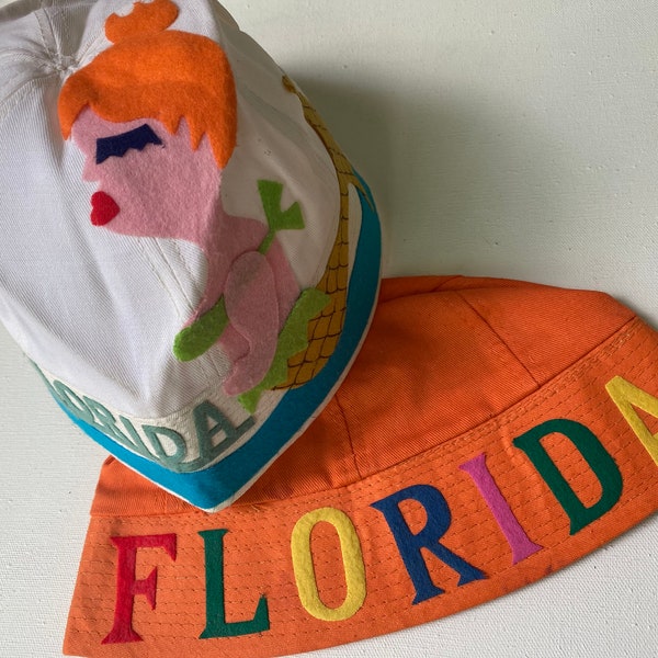 Vintage Florida Children's Bucket Hats, Mermaid Hat, Florida Souvenir, Set Of 2, 1 Small, 1 Large
