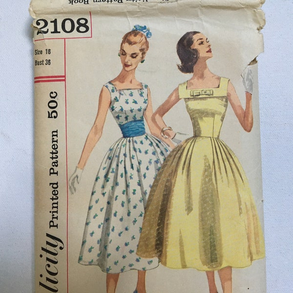 50's Simplicity 2108 Pattern Misses Sleeveless Full Skirt Dress, Size 16 Bust 36, UNCUT, Vintage Sewing Pattern, Cocktail Party Dress