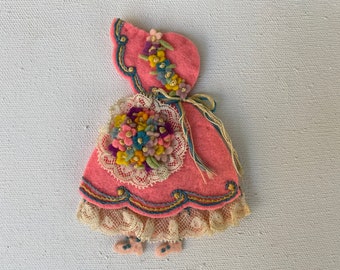 Vintage Pink Felt Needleholder Girl With Floral Dress, Hand Made, Sewing Needle Keeper, Fiber Arts Felt