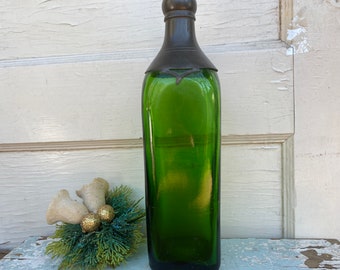 Antique Walker's Kilmarnook Whiskey Bottle With Pewter Mount, 1851 Green Glass Bottle With Pewter Top, Square Green Bottle