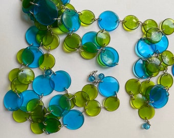 Vintage 70's Door Bead/Colored Discs, Partial 13' Strand, Door Window Deco, Hanging Discs, Dangling, Hippie Boho, Aqua And Green