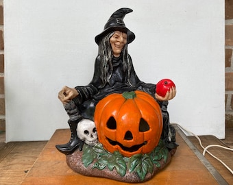 Vintage 70's Scioto Light Up Halloween Witch Decor,  READ, Witch With Jack O Lantern Scull And Poison Apple