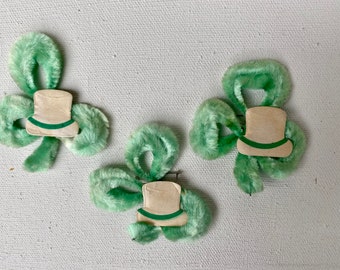 Vintage Three Leaf Clover Chenille Stem Pins, St. Patrick's Day Brooch, Set Of 3, St. Patty's Party, Lucky Clover, Luck Of The Irish