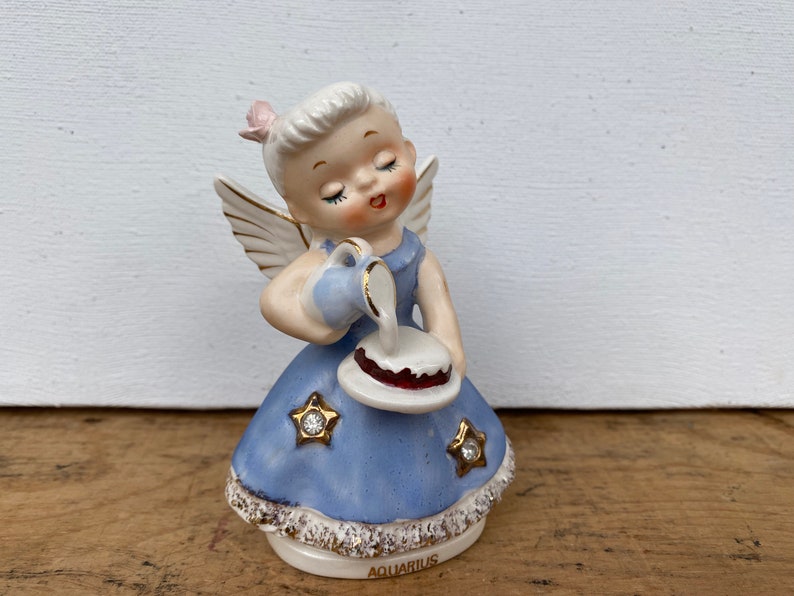 Kitschy Aquarius Angel, Nippon Yoko Boeki Birthday Angel, Zodiac, Astrology, Vintage Blue Angel With Rhinestones, Water Bearer image 1