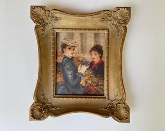 Vintage Ornate Wooden Baroque Style Frame With Print Entitled "Flowers" By Hildah Cherry Jeffe, Gold Tone Wood Frame