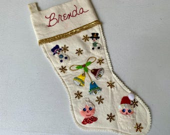 80's Vintage Felt Christmas Stocking, Brenda, Xmas Decor, Fireplace Decor, Felt, Sequins
