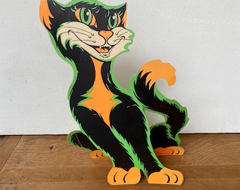 Vintage Beistle Leaning Cat Fold Out Die Cut, Black Light Cat, Halloween Party Time
