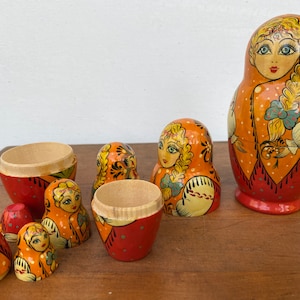 Vintage Russian Nesting Dolls, Matryoshka Wooden Russian Dolls, Hand painted, Bone With Braid image 6